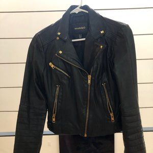 XXS Mango Black Leather Moto Biker Jacket